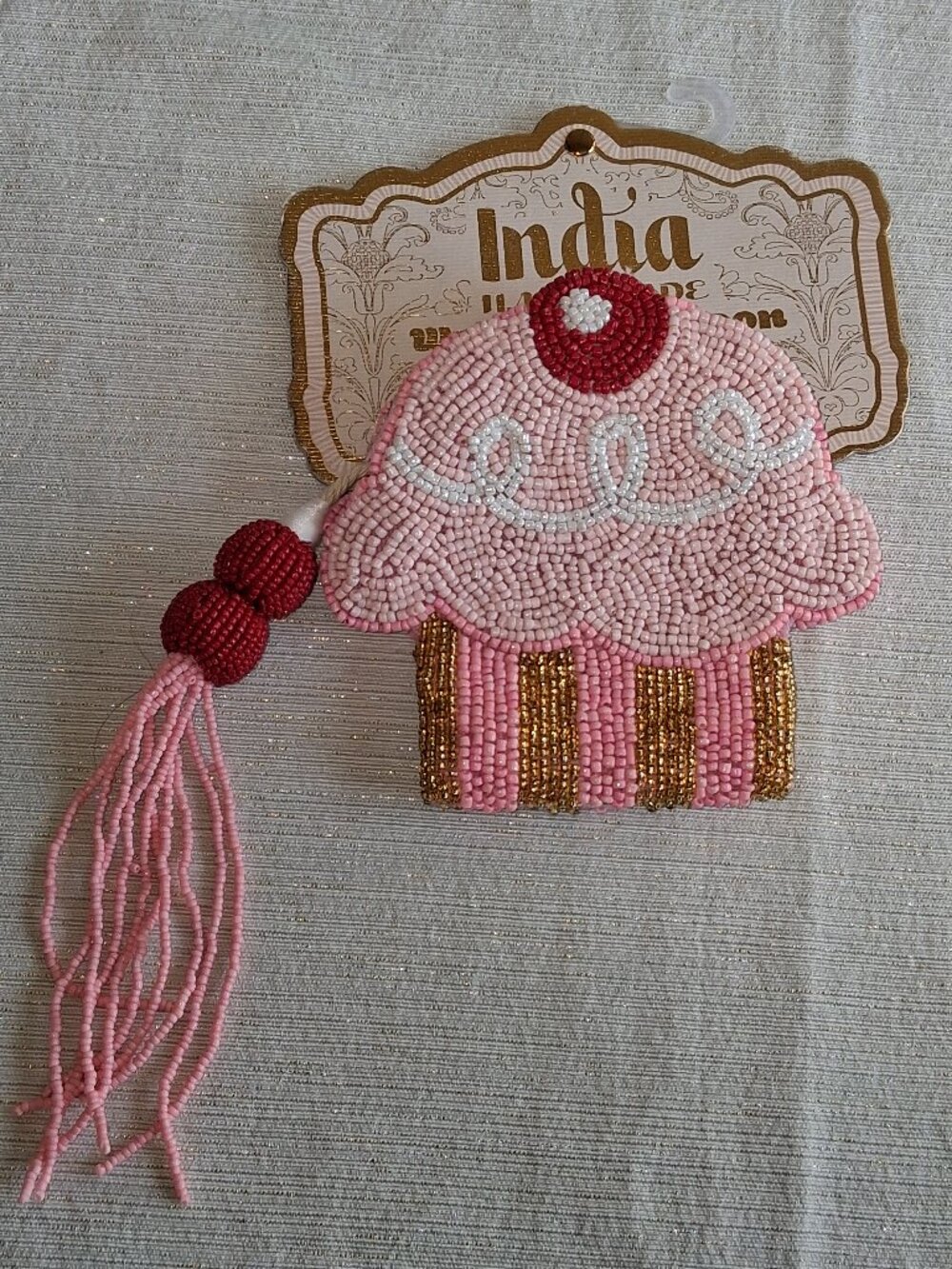 Viral Cupcake Cherry Pink Beaded Coin Purse Pouch India Handmade Wandering Moon
